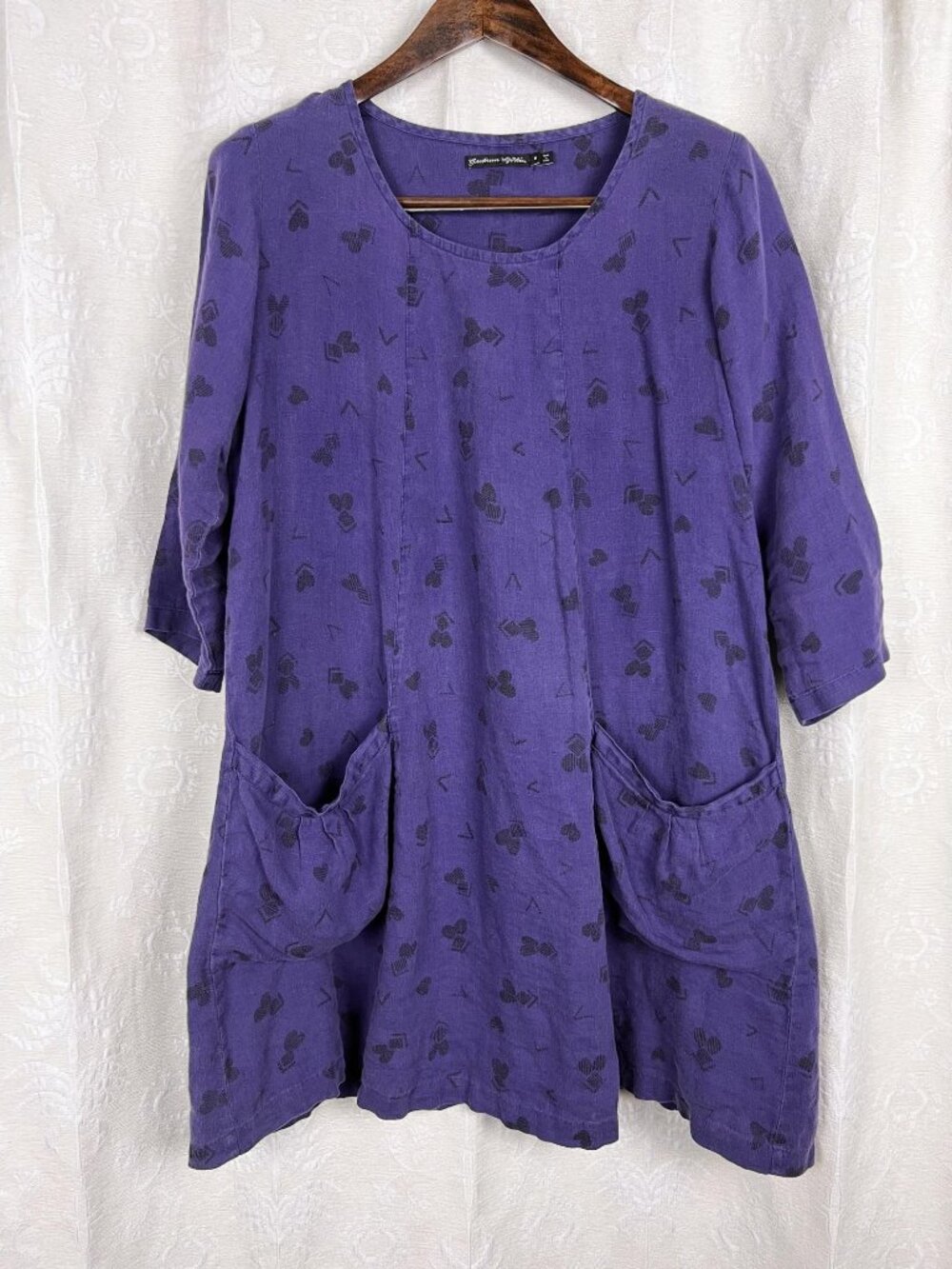Gudrun Sjoden linen oversized tunic dress purple black block print lagenlook M
